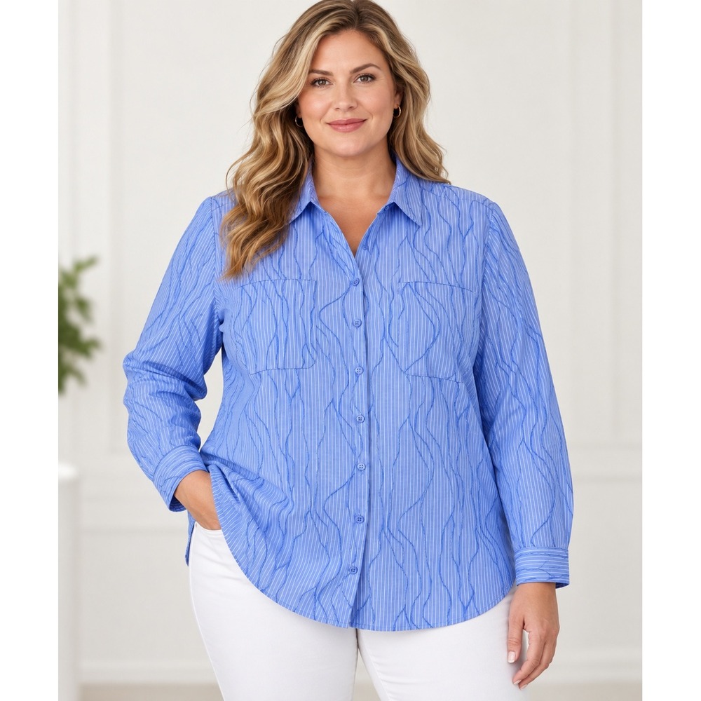 Chico's Blue White Pinstripe Textured Button Down Shirt Size 3 XL Coastal Preppy